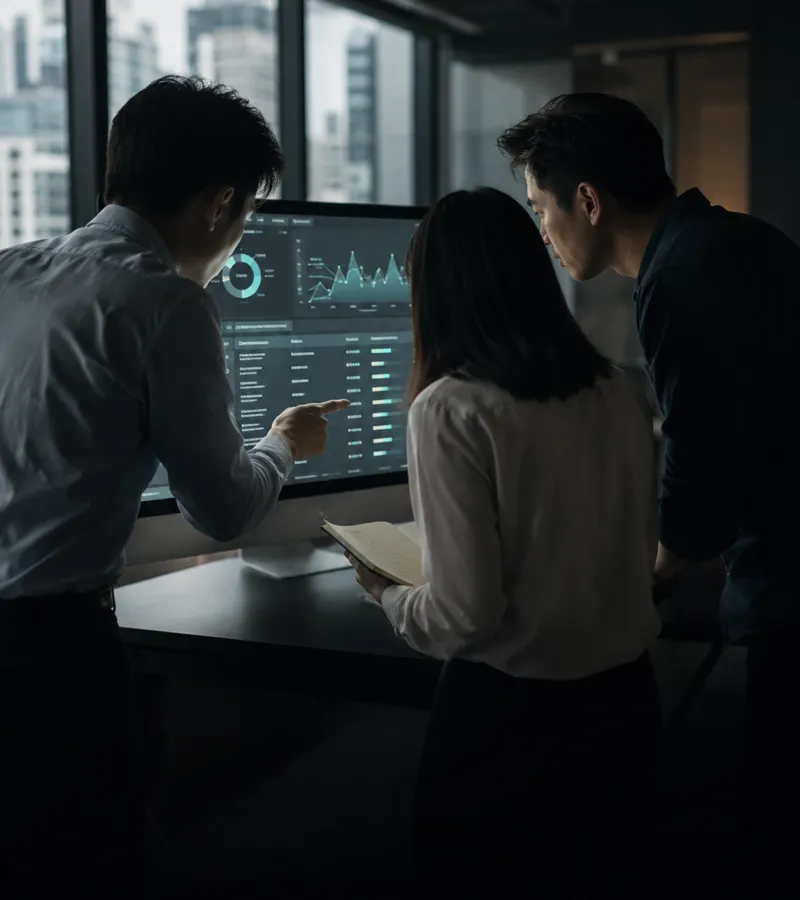 三位同事一起檢查螢幕上的 AI 評核結果